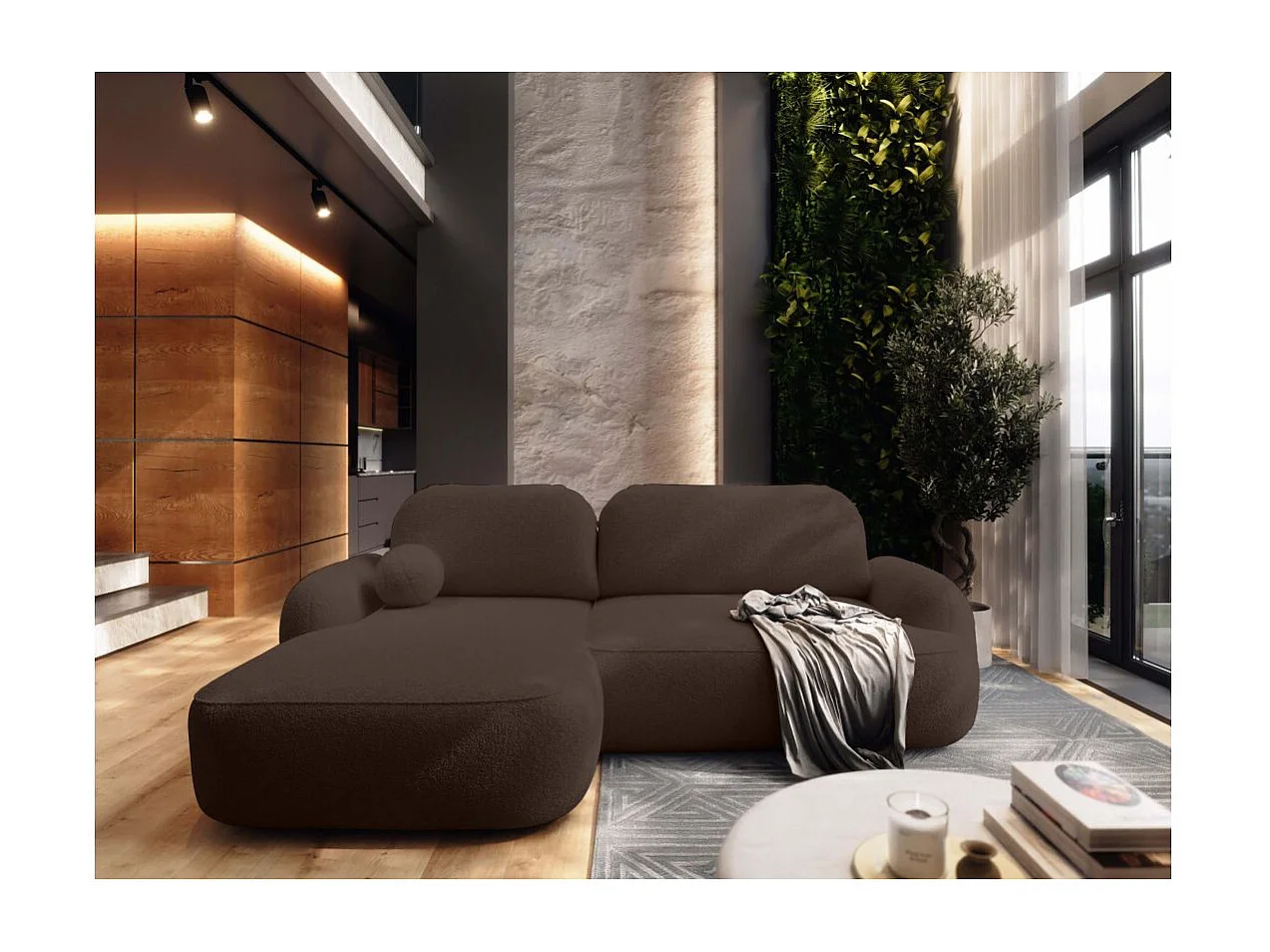 Canapé d'angle gauche convertible 4 places MILLY avec coffre en tissu bouclette - Marron