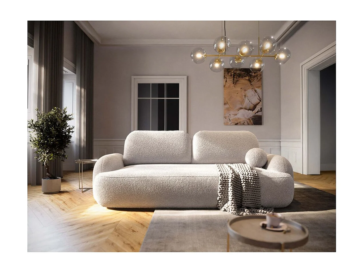 Canapé convertible 3 places MILLY avec coffre en tissu bouclette - Blanc