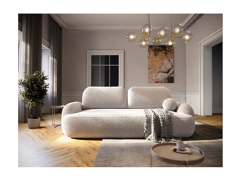 Canapé convertible 3 places MILLY avec coffre en tissu bouclette - Blanc