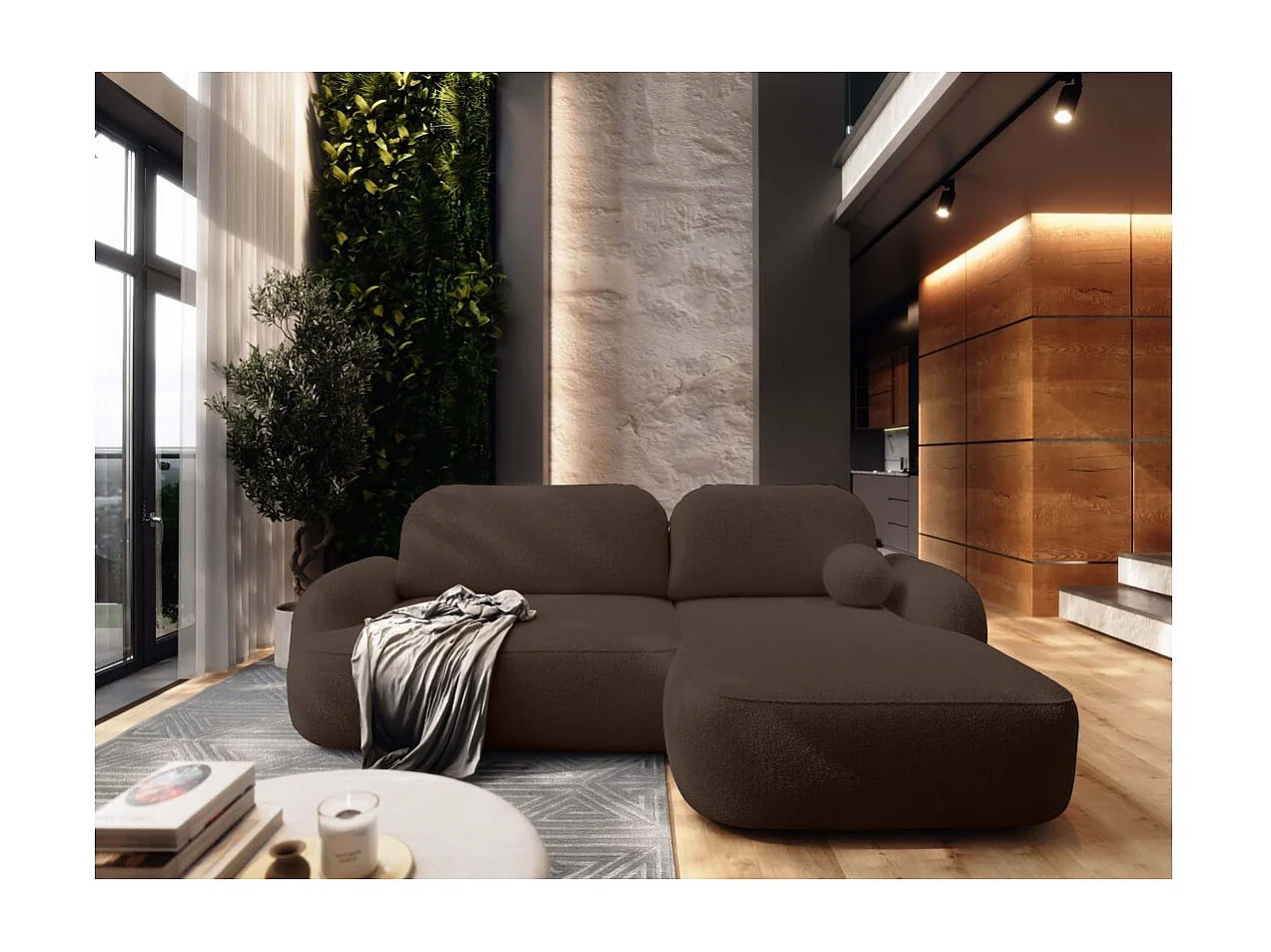 Canapé d'angle droit convertible 4 places MILLY avec coffre en tissu bouclette - Marron