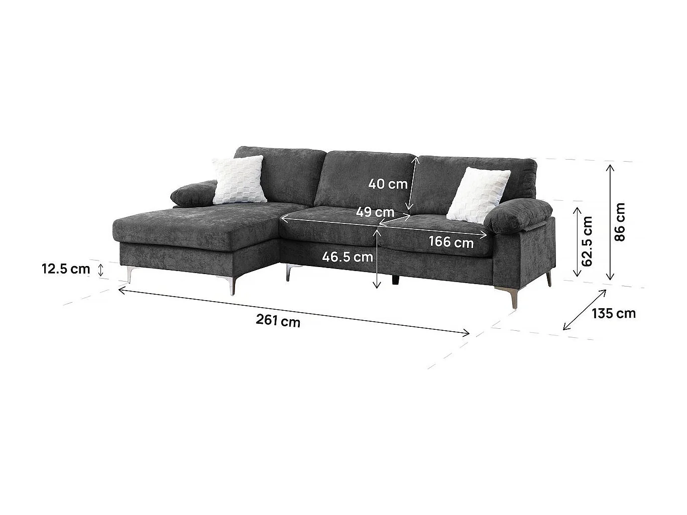 Canapé d'angle gauche en tissu chenille "Jade" - 3 places - Gris