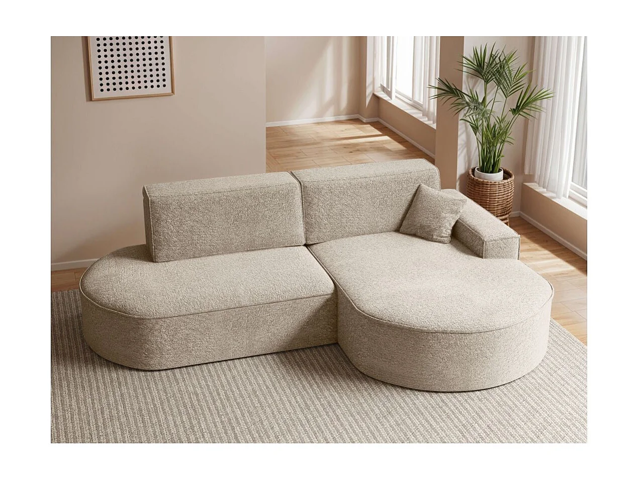 Canapé d'angle droit convertible 4 places MARLO en tissu chenille - Beige