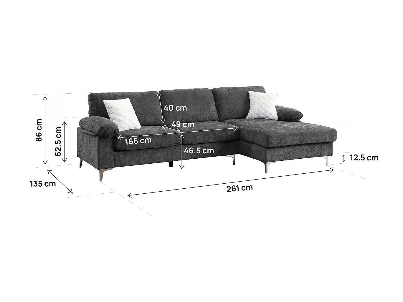 Canapé d'angle droit en tissu chenille "Jade" - 3 places - Gris