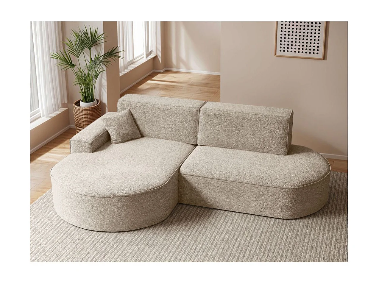 Canapé d'angle gauche convertible 4 places MARLO en tissu chenille - Beige