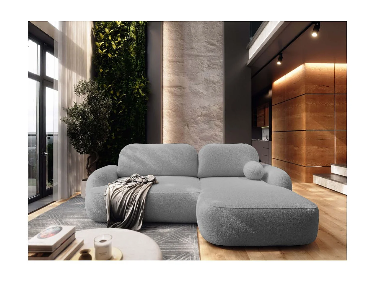 Canapé d'angle droit convertible 4 places MILLY avec coffre en tissu bouclette - Gris clair