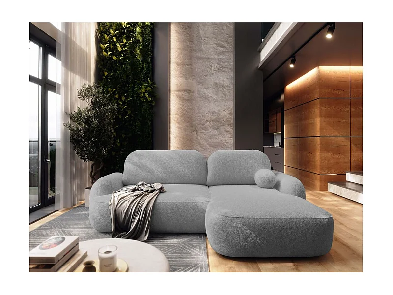 Canapé d'angle droit convertible 4 places MILLY avec coffre en tissu bouclette - Gris clair