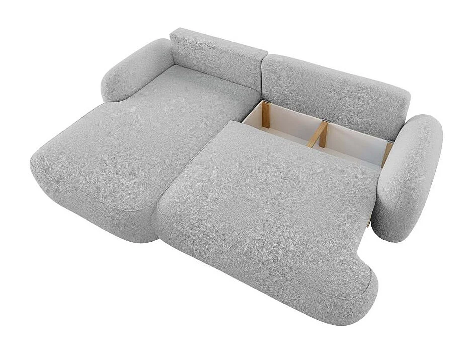 Canapé d'angle gauche convertible 4 places MILLY avec coffre en tissu bouclette - Gris clair