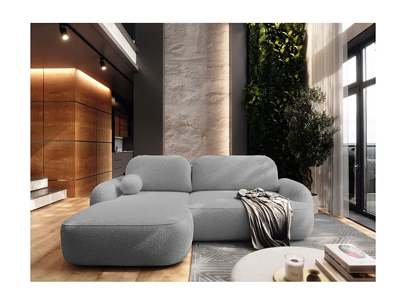 Canapé d'angle gauche convertible 4 places MILLY avec coffre en tissu bouclette - Gris clair