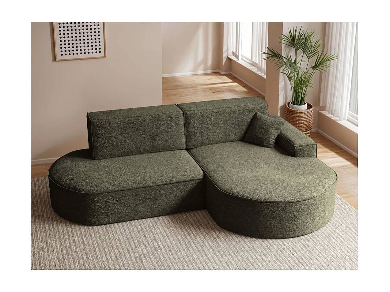 Canapé d'angle droit convertible 4 places MARLO en tissu chenille - Vert foncé