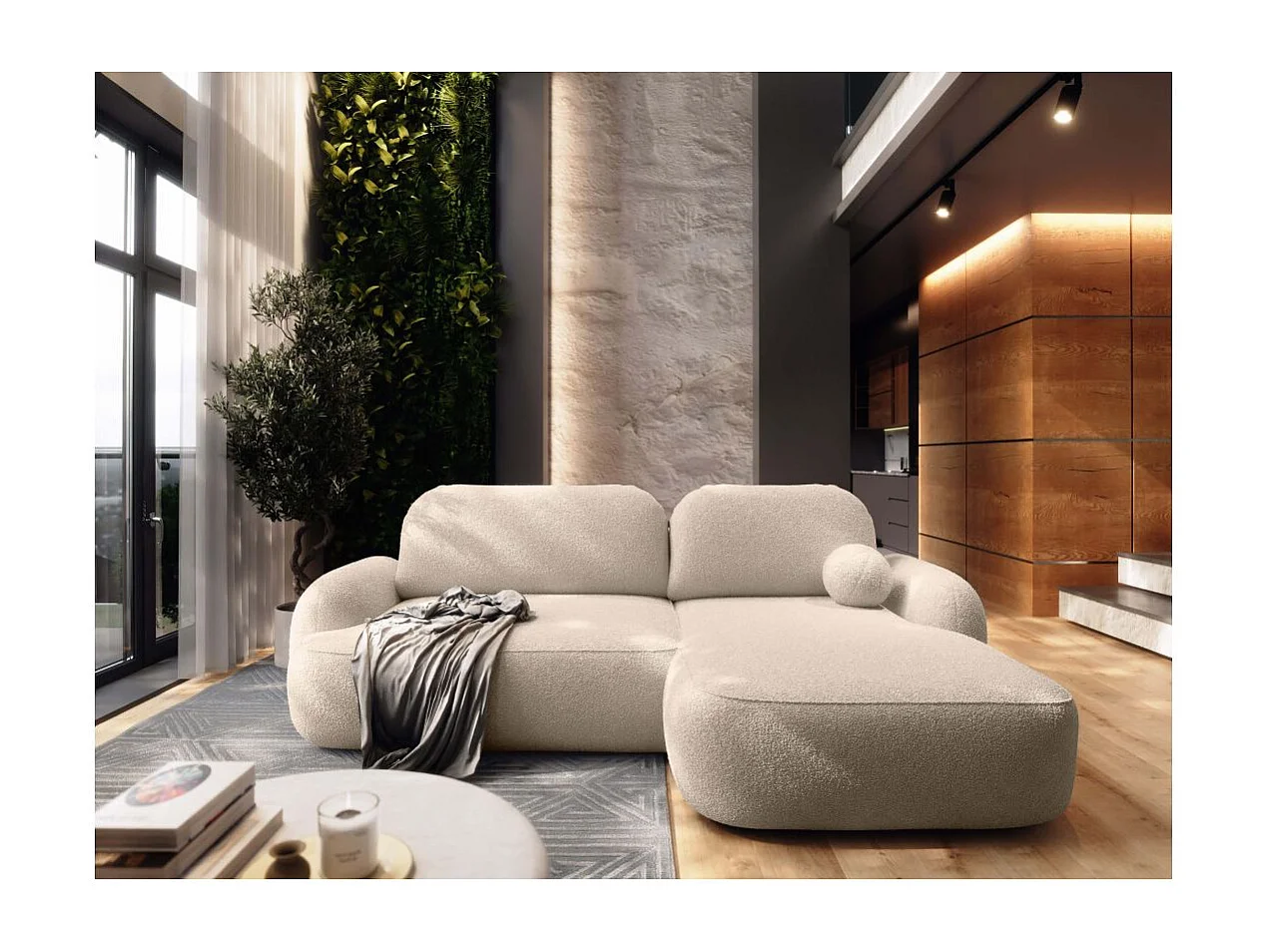 Canapé d'angle droit convertible 4 places MILLY avec coffre en tissu bouclette - Beige