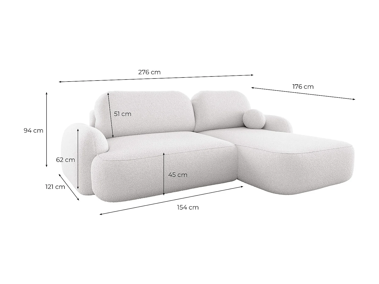 Canapé d'angle droit convertible 4 places MILLY avec coffre en tissu bouclette - Beige