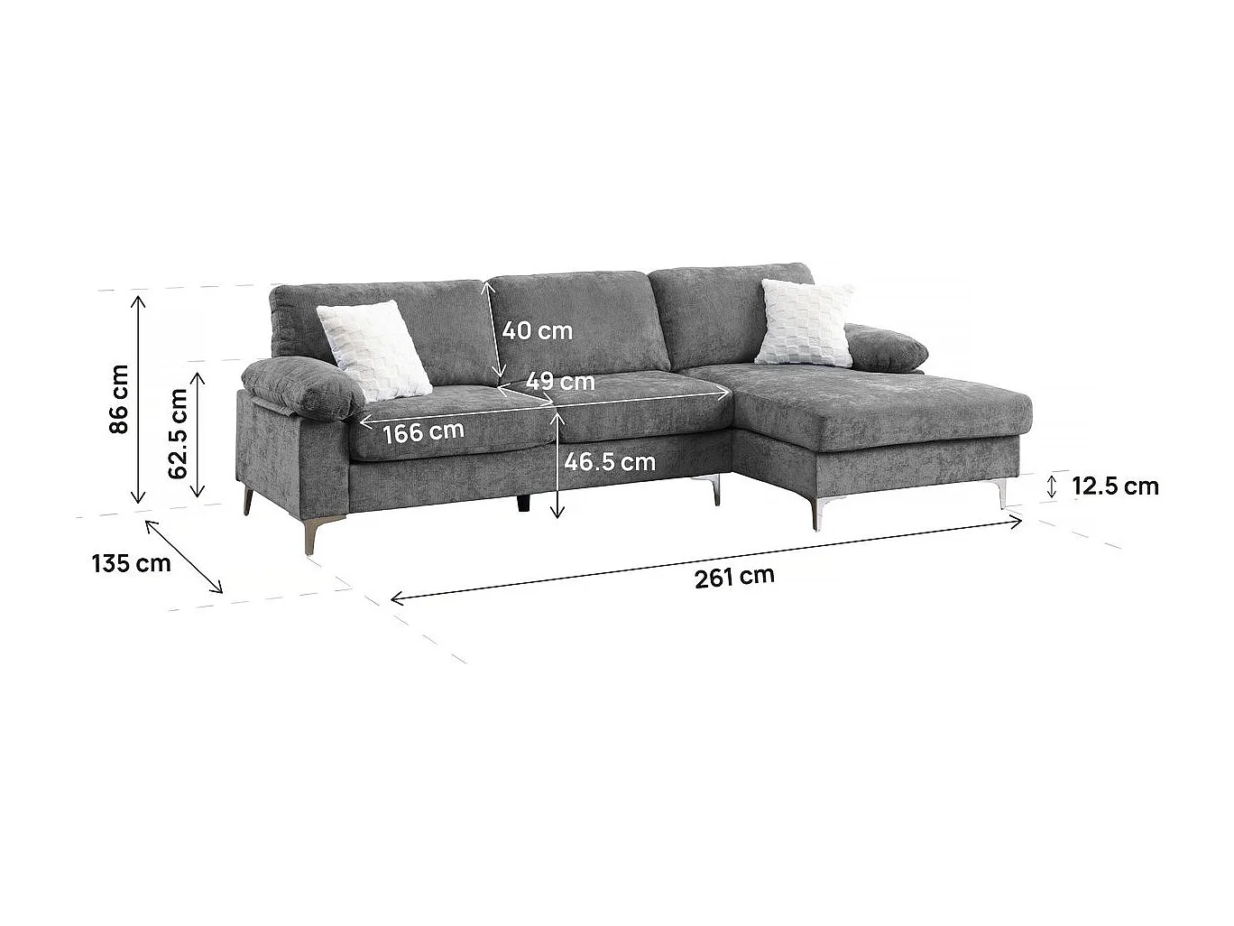 Canapé d'angle droit en tissu chenille "Jade" - 3 places - Gris clair