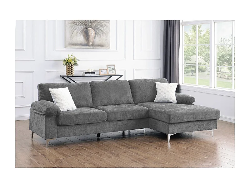 Canapé d'angle droit en tissu chenille "Jade" - 3 places - Gris clair