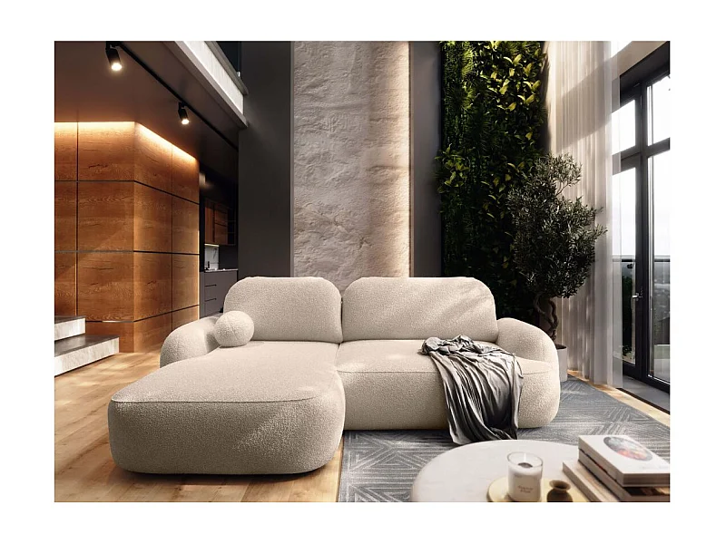 Canapé d'angle gauche convertible 4 places MILLY avec coffre en tissu bouclette - Beige