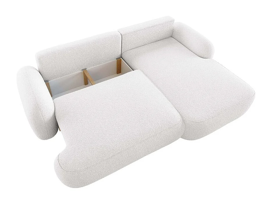 Canapé d'angle droit convertible 4 places MILLY avec coffre en tissu bouclette - Blanc