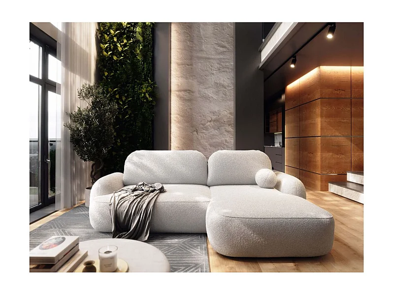 Canapé d'angle droit convertible 4 places MILLY avec coffre en tissu bouclette - Blanc