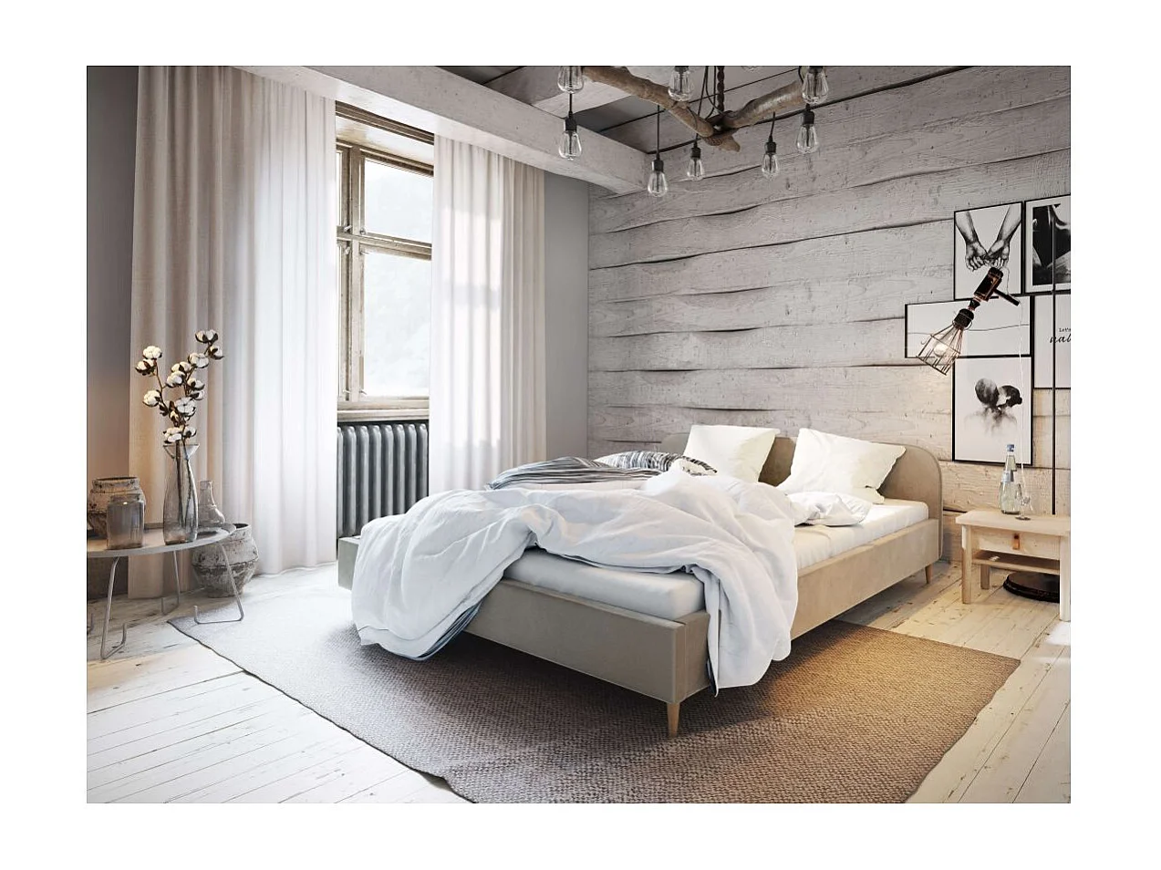 Cadre de lit TALI avec tête de lit et sommier à lattes en velours - Beige - Dimensions du couchage : 140 x 200 cm