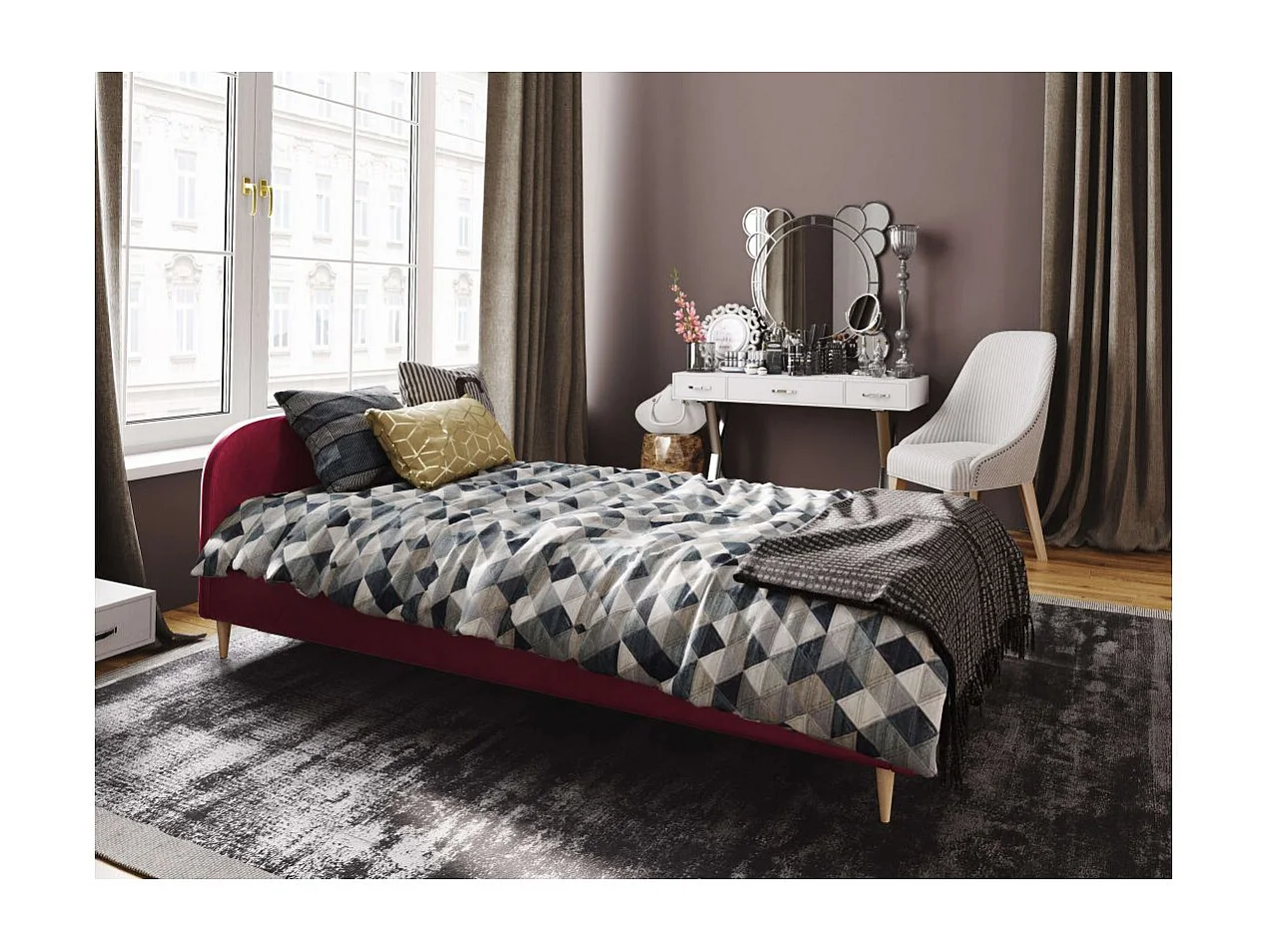 Cadre de lit TALI avec tête de lit et sommier à lattes en velours - Bordeaux - Dimensions du couchage : 140 x 200 cm