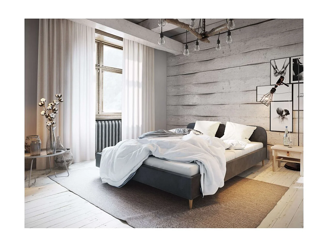 Cadre de lit TALI avec tête de lit et sommier à lattes en velours - Gris anthracite - Dimensions du couchage : 160 x 200 cm