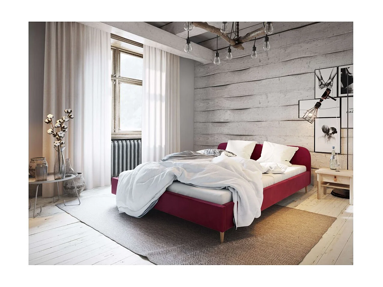 Cadre de lit TALI avec tête de lit et sommier à lattes en velours - Bordeaux - Dimensions du couchage : 160 x 200 cm