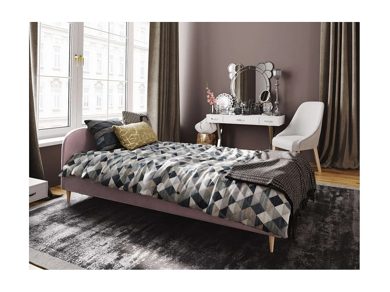 Cadre de lit TALI avec tête de lit et sommier à lattes en velours - Rose - Dimensions du couchage : 140 x 200 cm