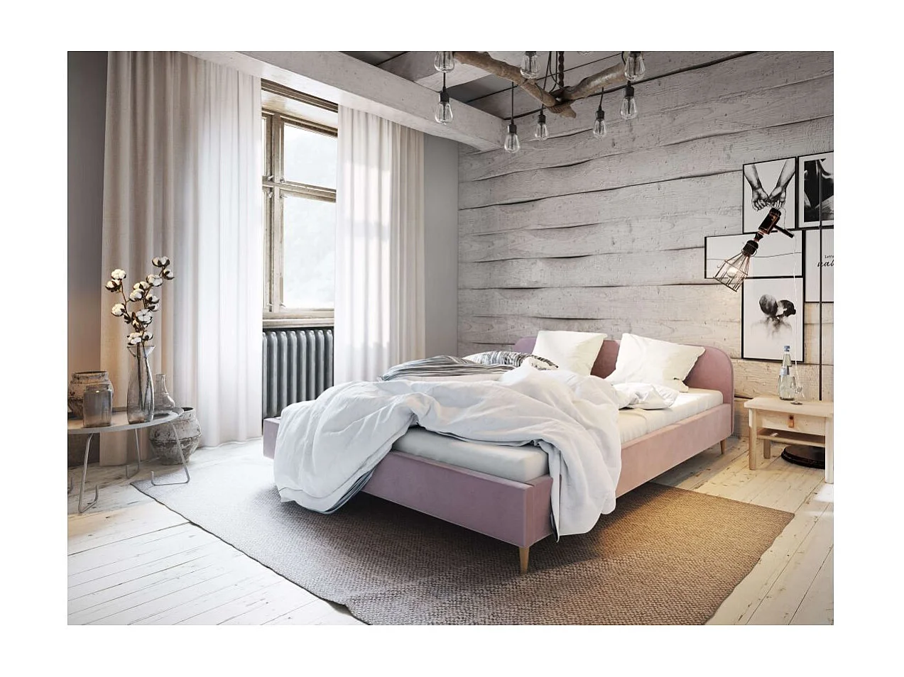 Cadre de lit TALI avec tête de lit et sommier à lattes en velours - Rose - Dimensions du couchage : 140 x 200 cm