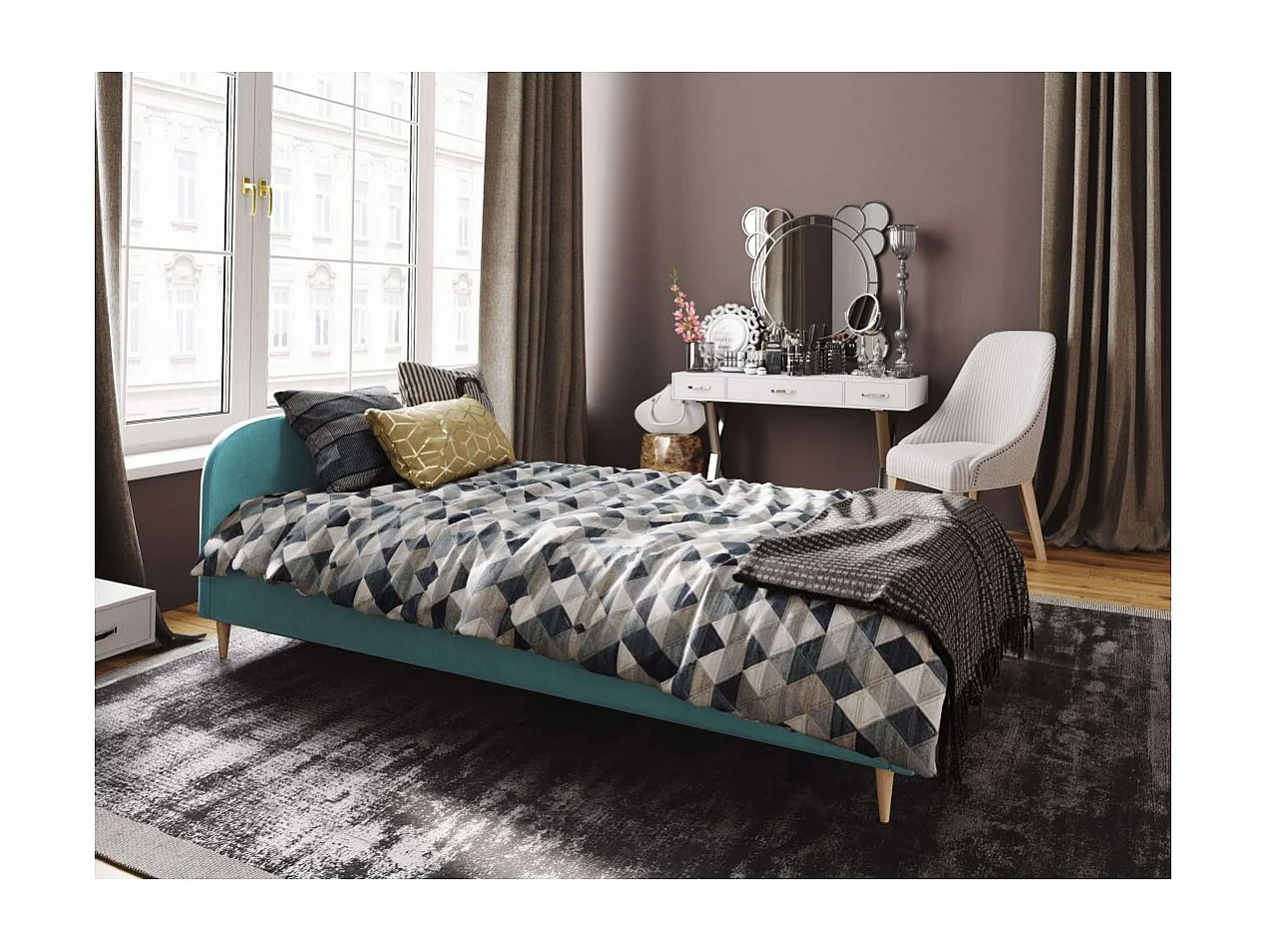 Cadre de lit TALI avec tête de lit et sommier à lattes en velours - Turquoise - Dimensions du couchage : 160 x 200 cm