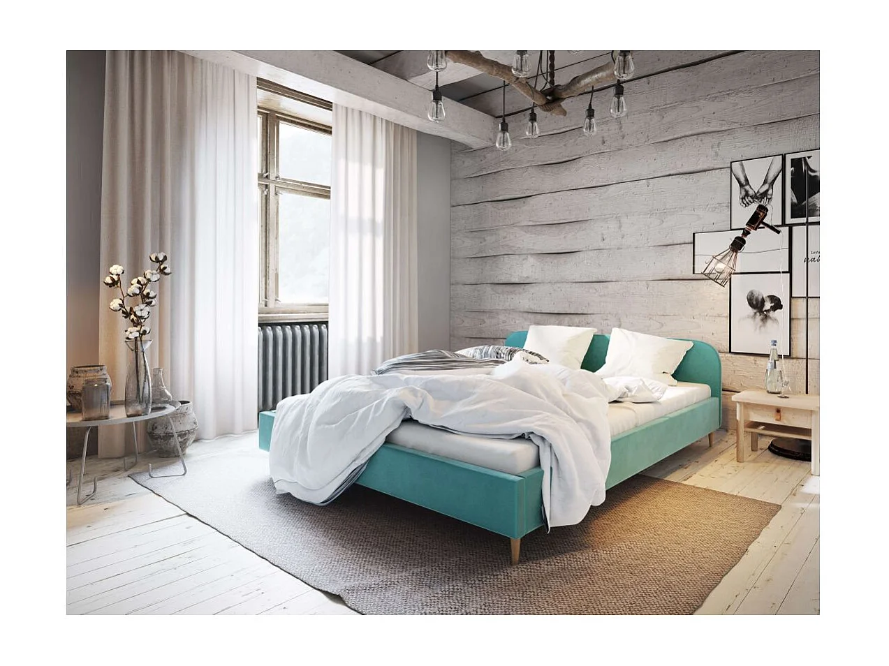 Cadre de lit TALI avec tête de lit et sommier à lattes en velours - Turquoise - Dimensions du couchage : 160 x 200 cm