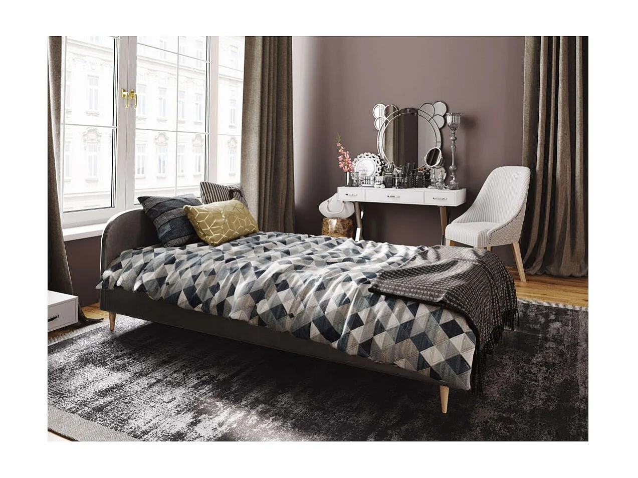 Cadre de lit TALI avec tête de lit et sommier à lattes en velours - Gris anthracite - Dimensions du couchage : 140 x 200 cm