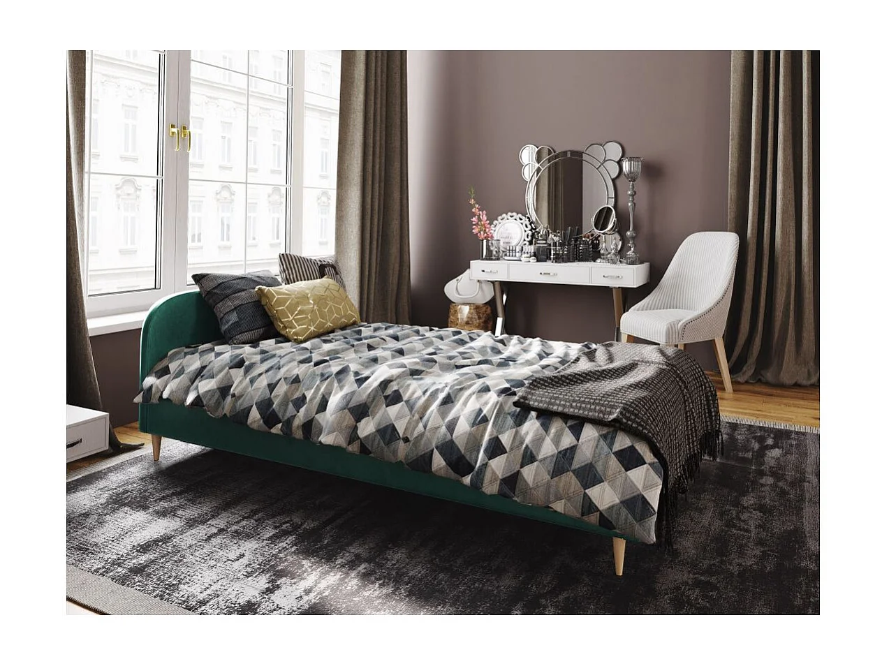 Cadre de lit TALI avec tête de lit et sommier à lattes en velours - Vert - Dimensions du couchage : 140 x 200 cm
