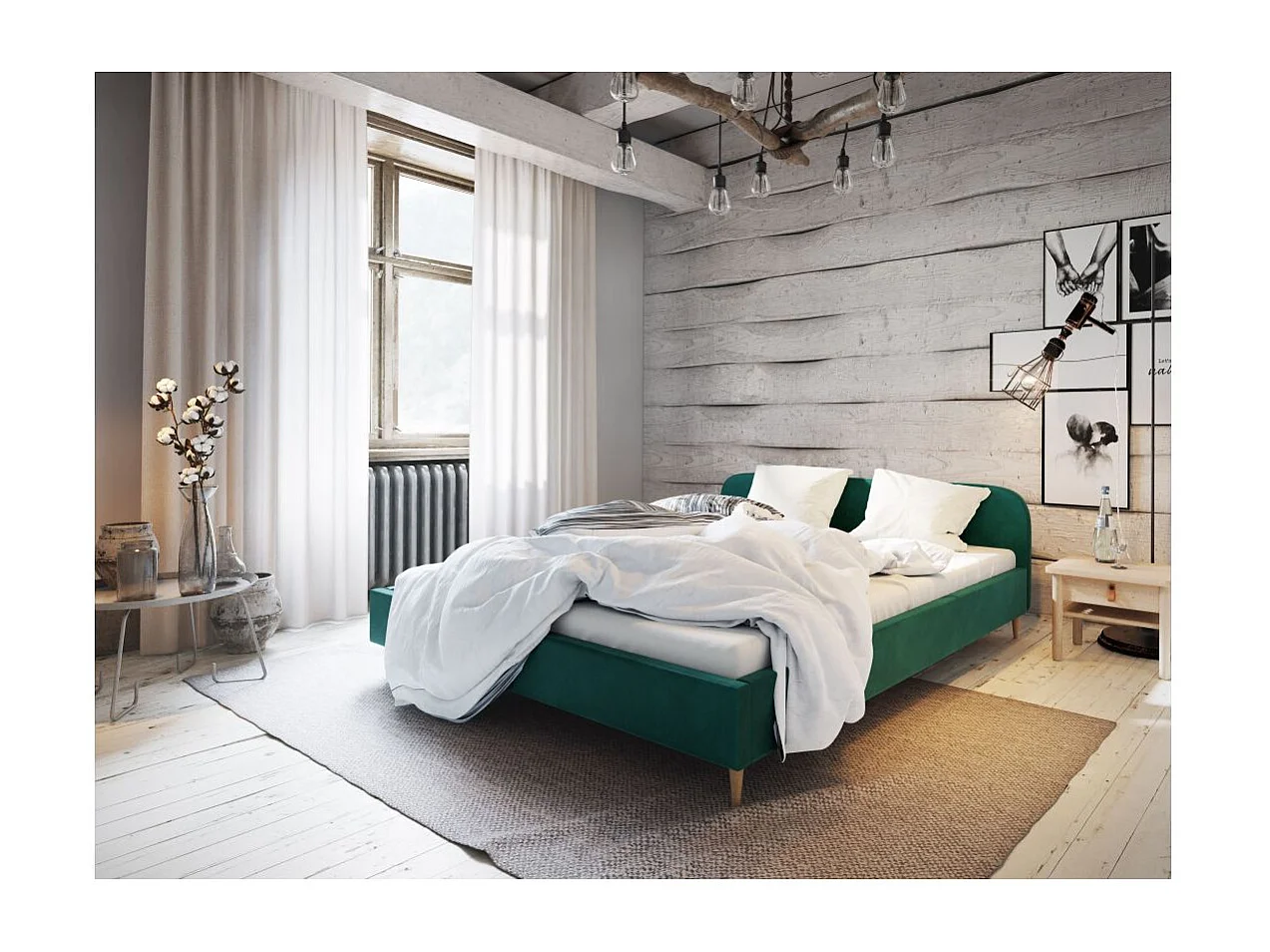 Cadre de lit TALI avec tête de lit et sommier à lattes en velours - Vert - Dimensions du couchage : 140 x 200 cm