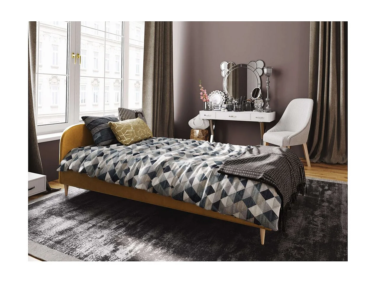 Cadre de lit TALI avec tête de lit et sommier à lattes en velours - Jaune - Dimensions du couchage : 140 x 200 cm