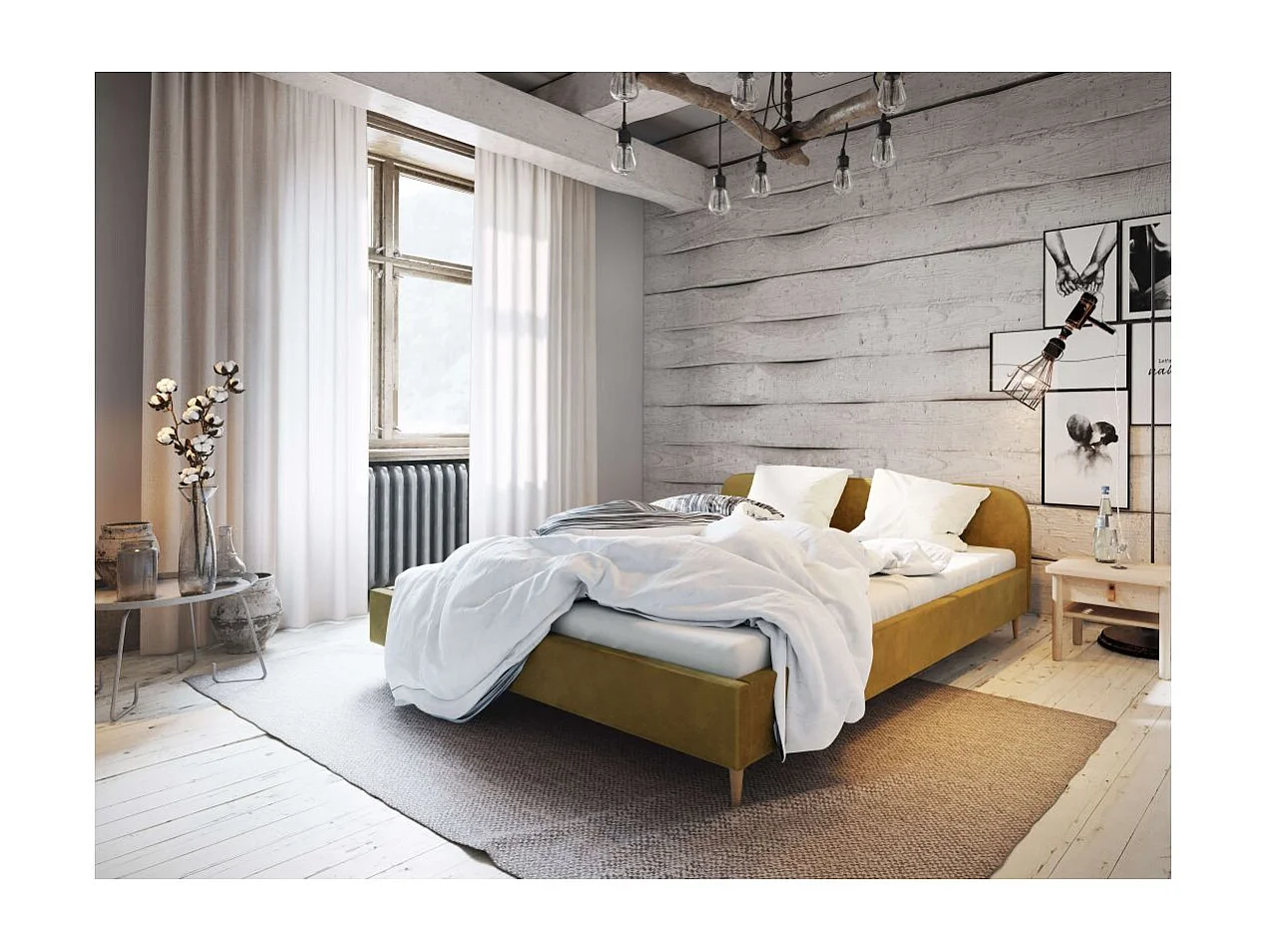 Cadre de lit TALI avec tête de lit et sommier à lattes en velours - Jaune - Dimensions du couchage : 140 x 200 cm