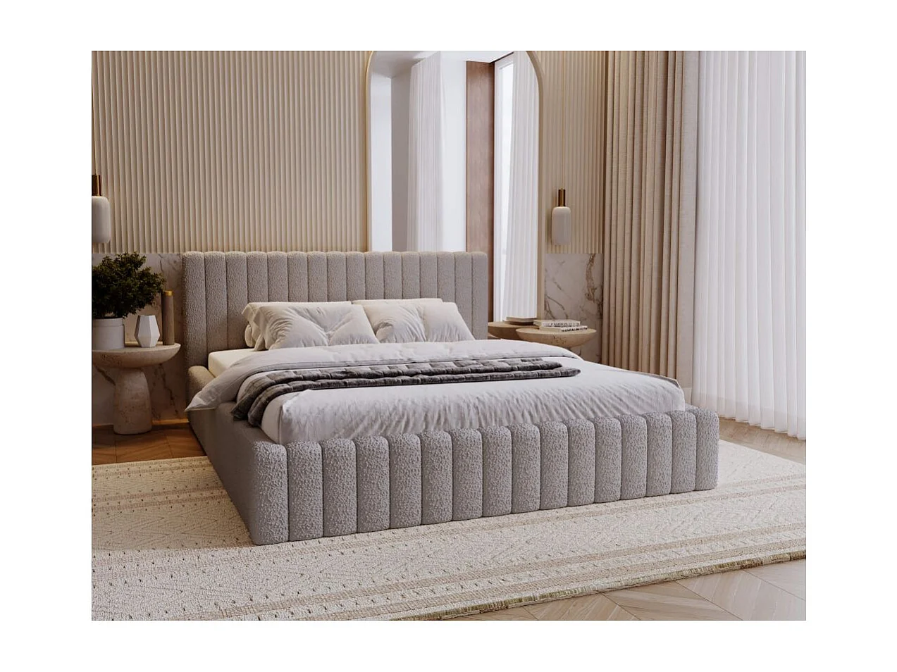 Cadre de lit avec coffre MIRNA en tissu bouclette - Gris clair - Dimensions du couchage : 160 x 200 cm