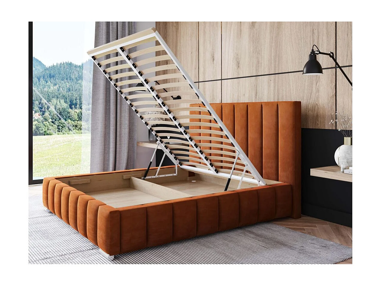 Cadre de lit avec coffre ELIA en velours - Terracotta - Dimensions du couchage : 140 x 200 cm