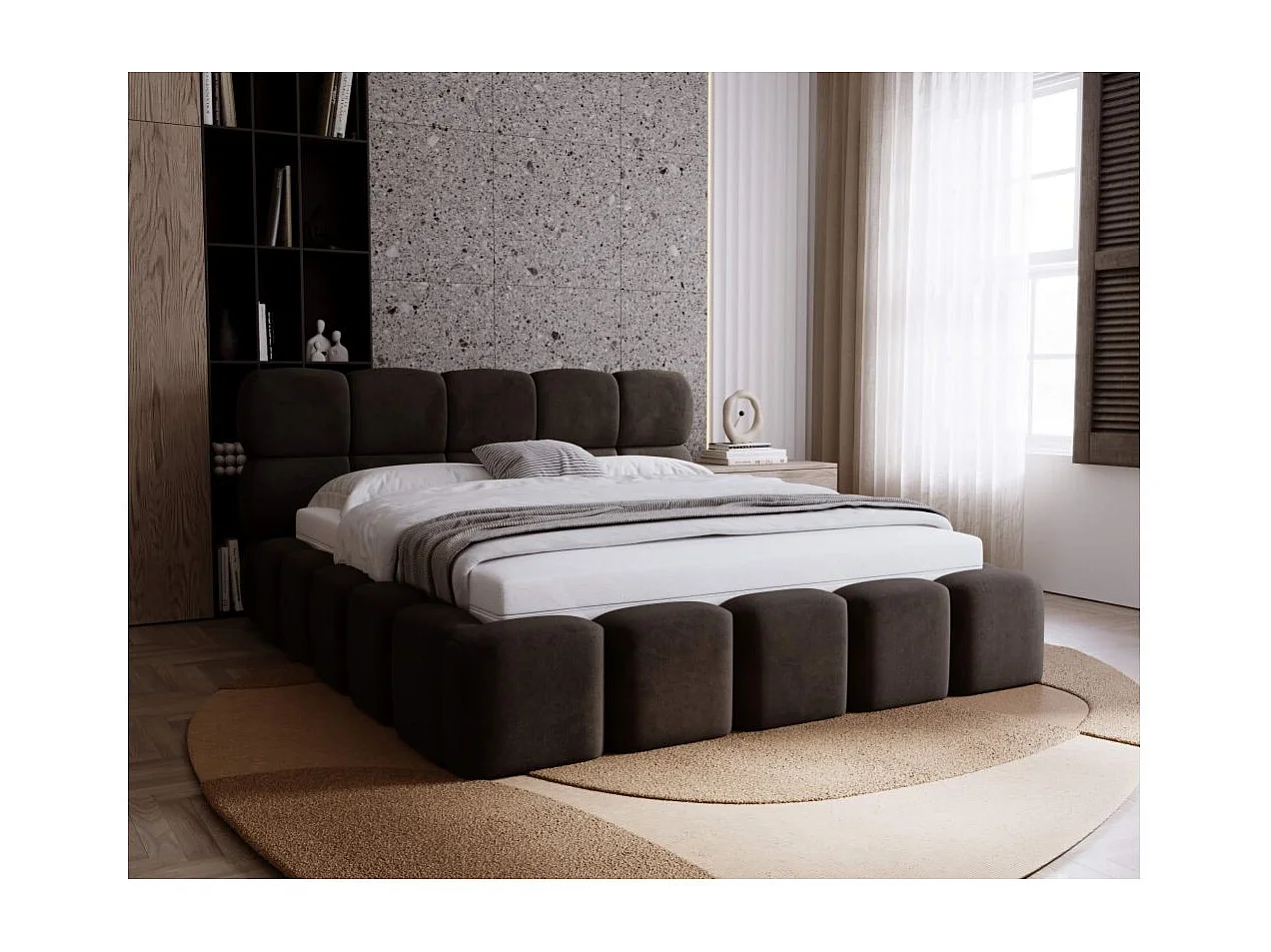 Cadre de lit avec coffre ONE en velours - Gris anthracite - Dimensions du couchage : 140 x 200 cm