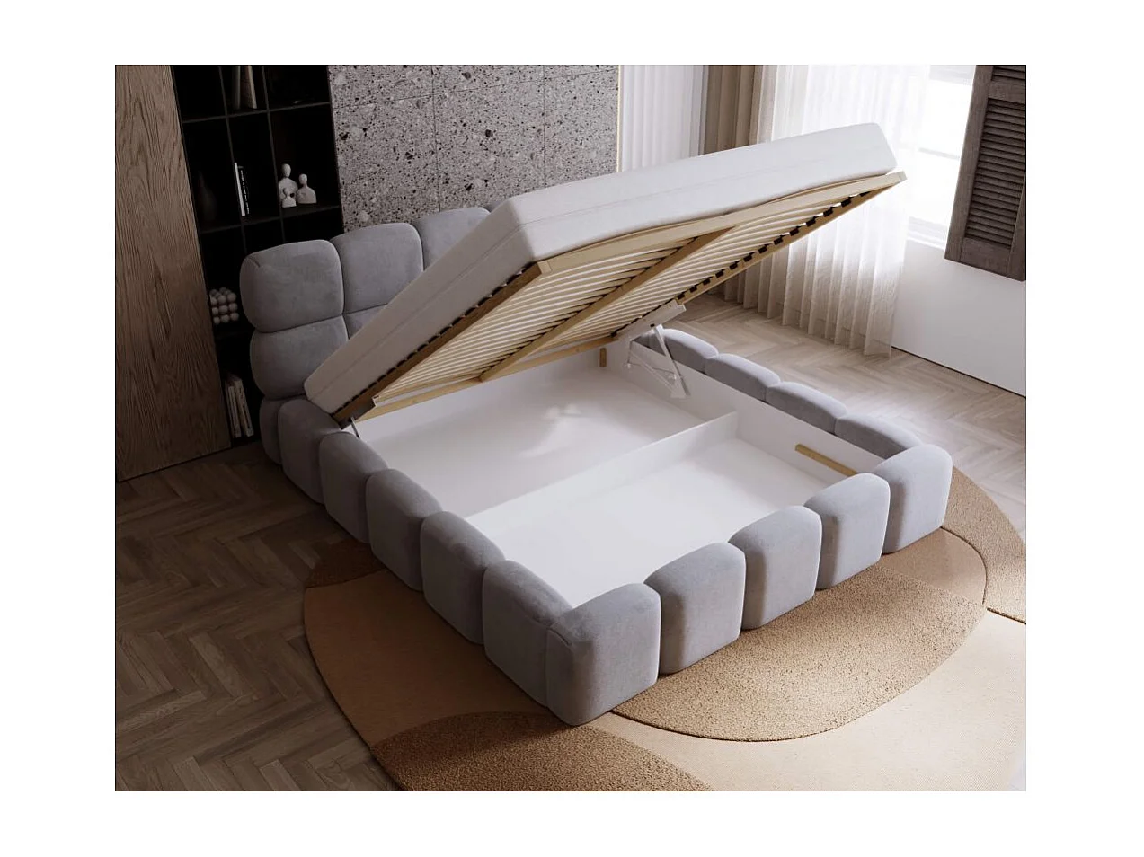 Cadre de lit avec coffre ONE en velours - Gris clair - Dimensions du couchage : 160 x 200 cm