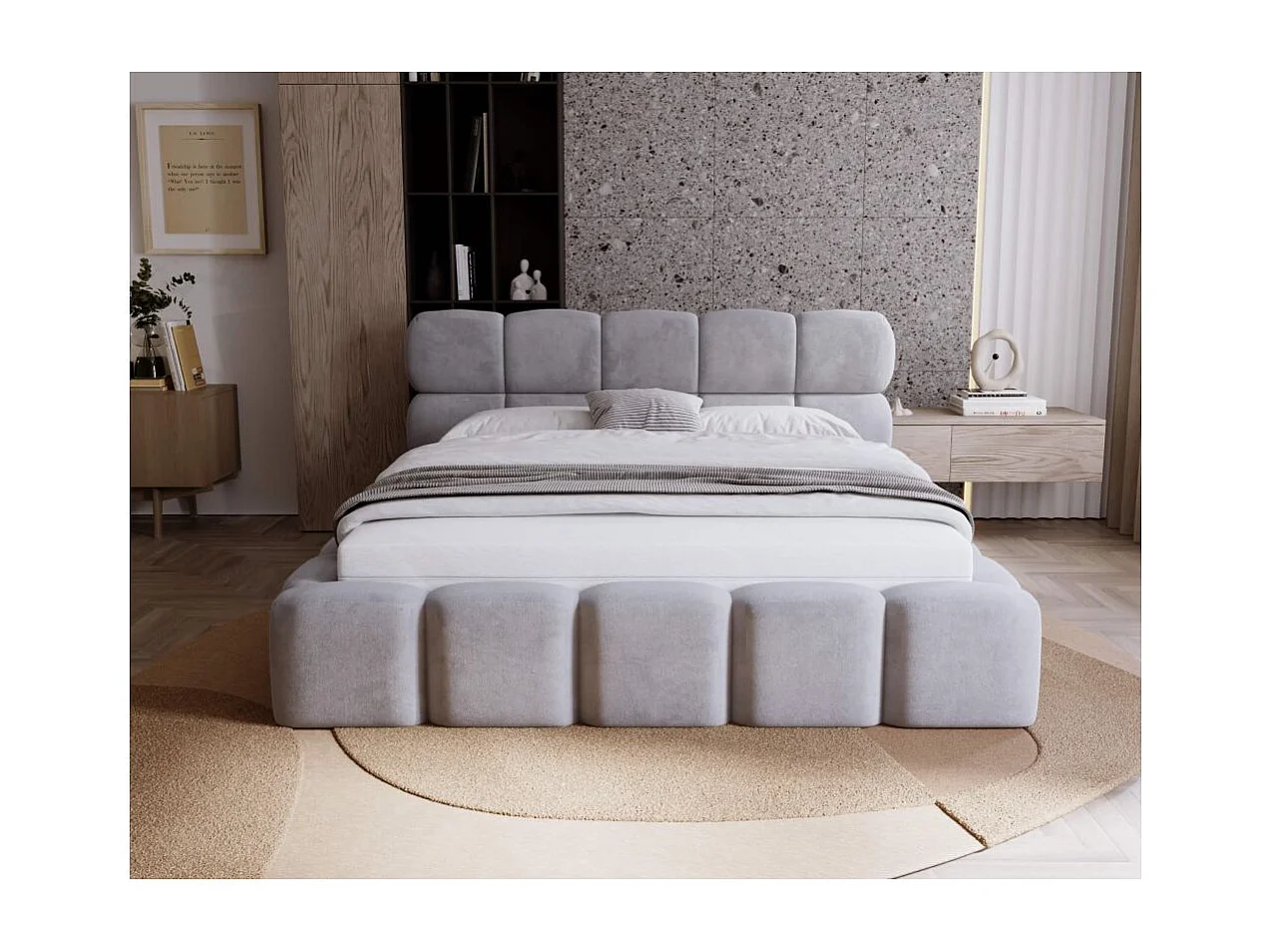 Cadre de lit avec coffre ONE en velours - Gris clair - Dimensions du couchage : 160 x 200 cm