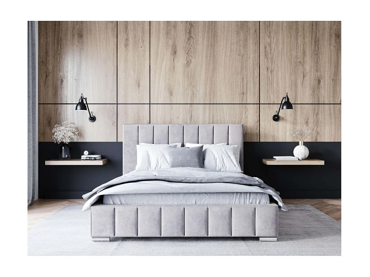 Cadre de lit avec coffre ELIA en velours - Gris perle - Dimensions du couchage : 160 x 200 cm