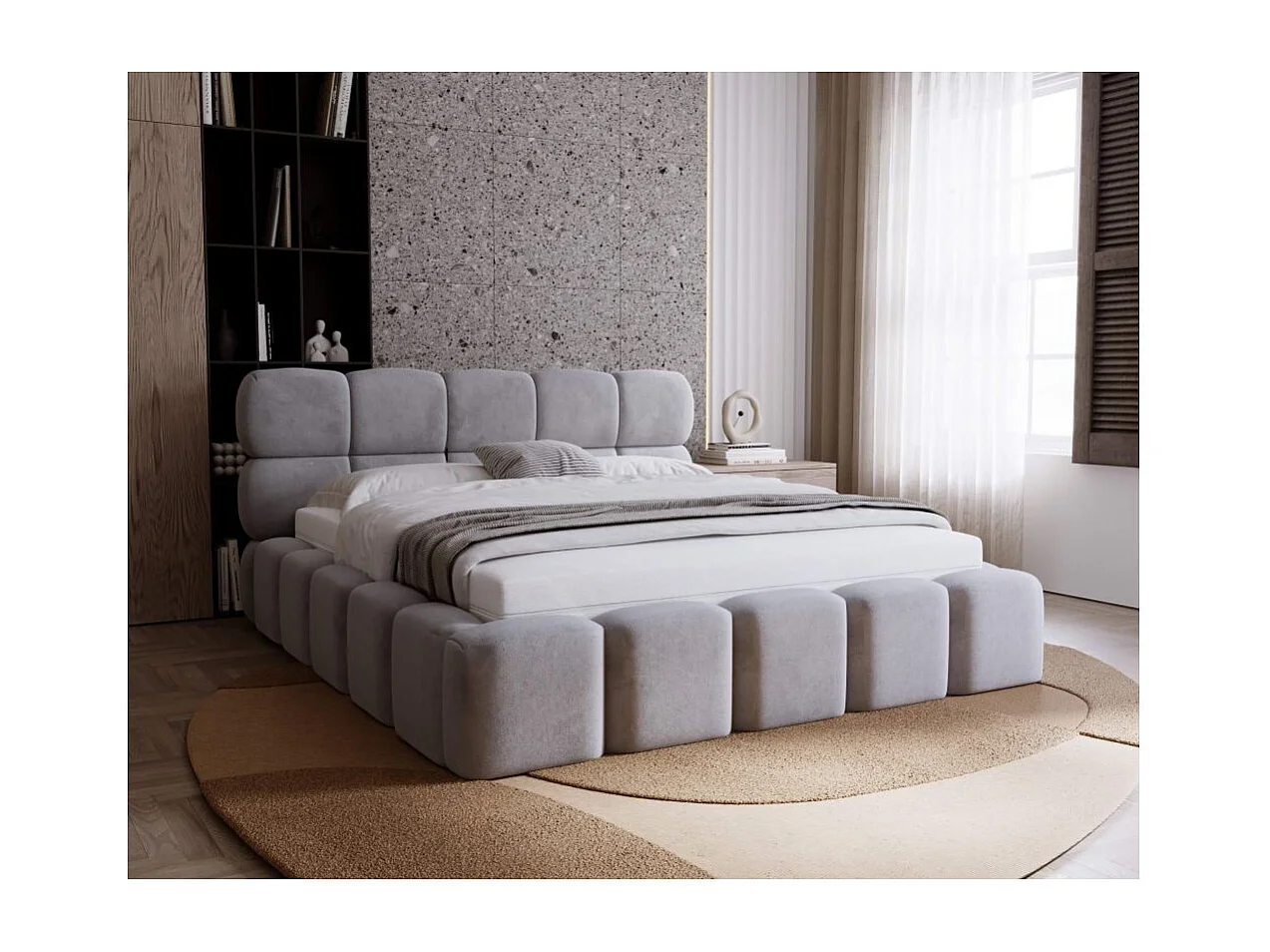 Cadre de lit avec coffre ONE en velours - Gris clair - Dimensions du couchage : 140 x 200 cm