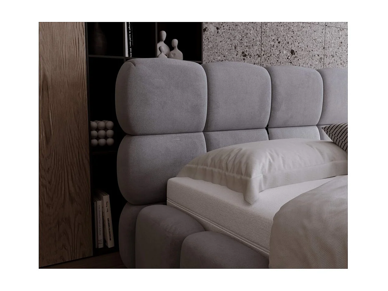 Cadre de lit avec coffre ONE en velours - Gris clair - Dimensions du couchage : 140 x 200 cm