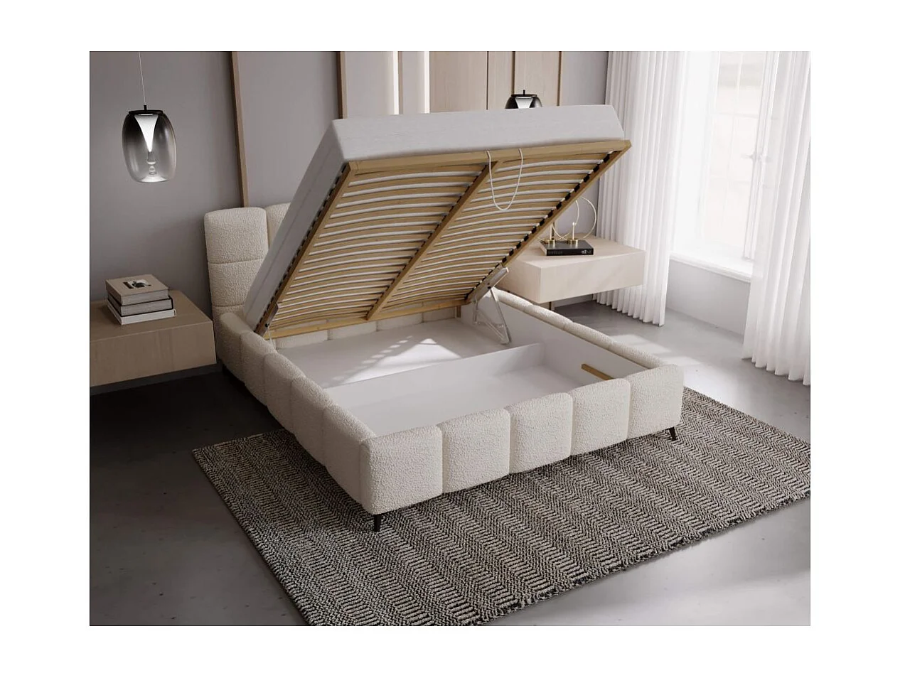 Cadre de lit avec coffre NIKO en tissu bouclette - Blanc - Dimensions du couchage : 140 x 200 cm