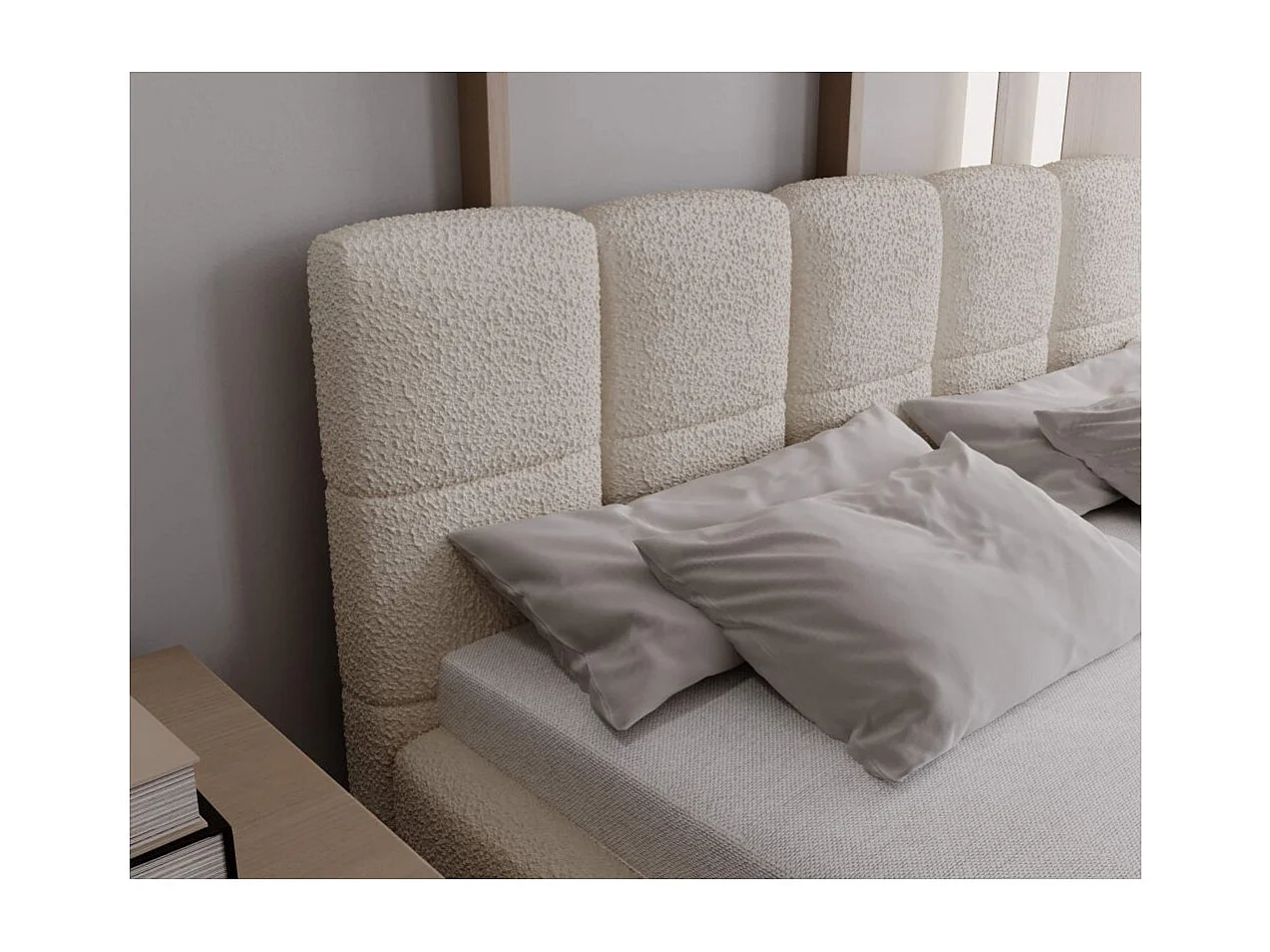 Cadre de lit avec coffre NIKO en tissu bouclette - Blanc - Dimensions du couchage : 140 x 200 cm