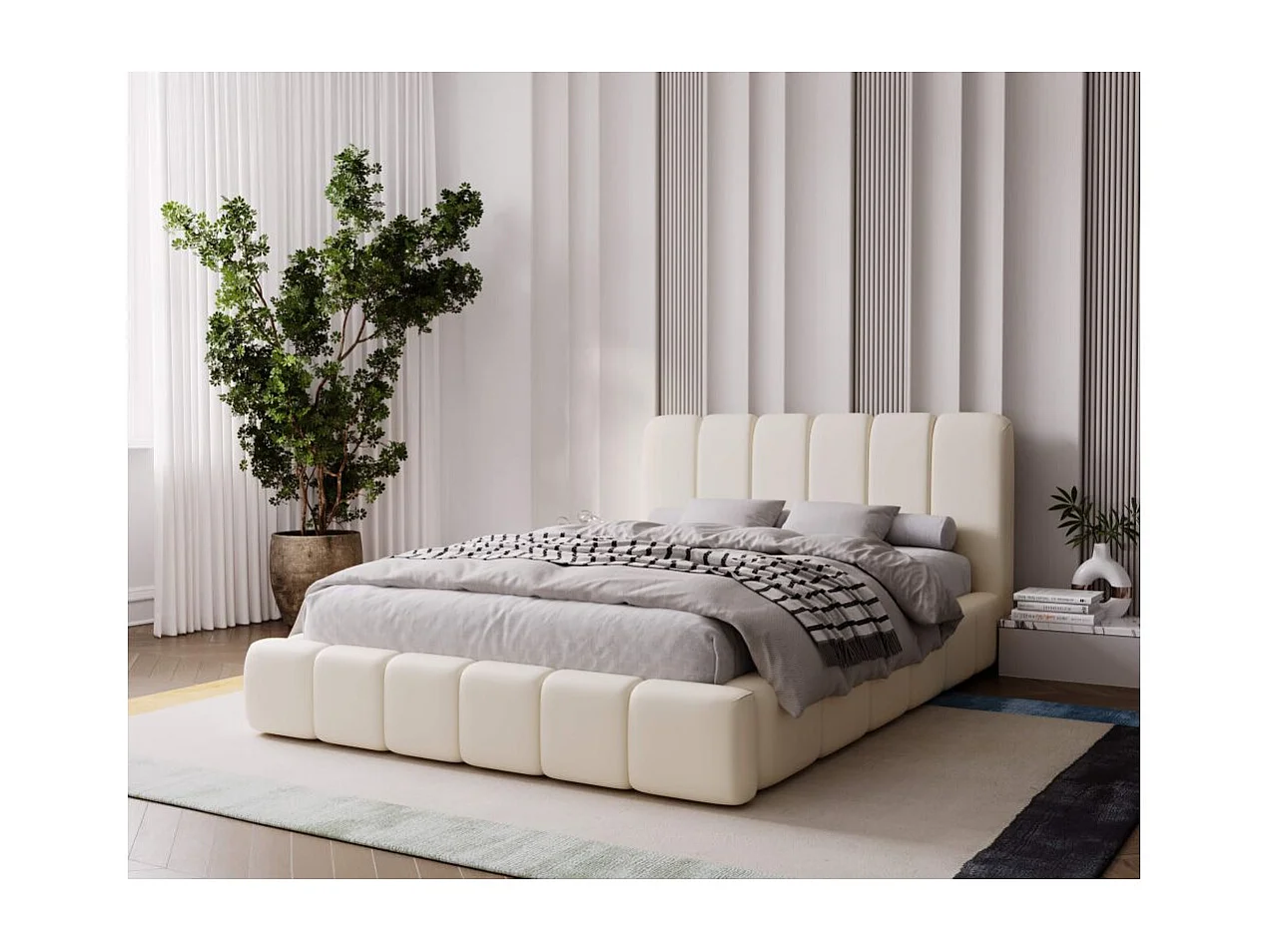 Cadre de lit avec coffre TED en velours - Beige - Dimensions du couchage : 160 x 200 cm