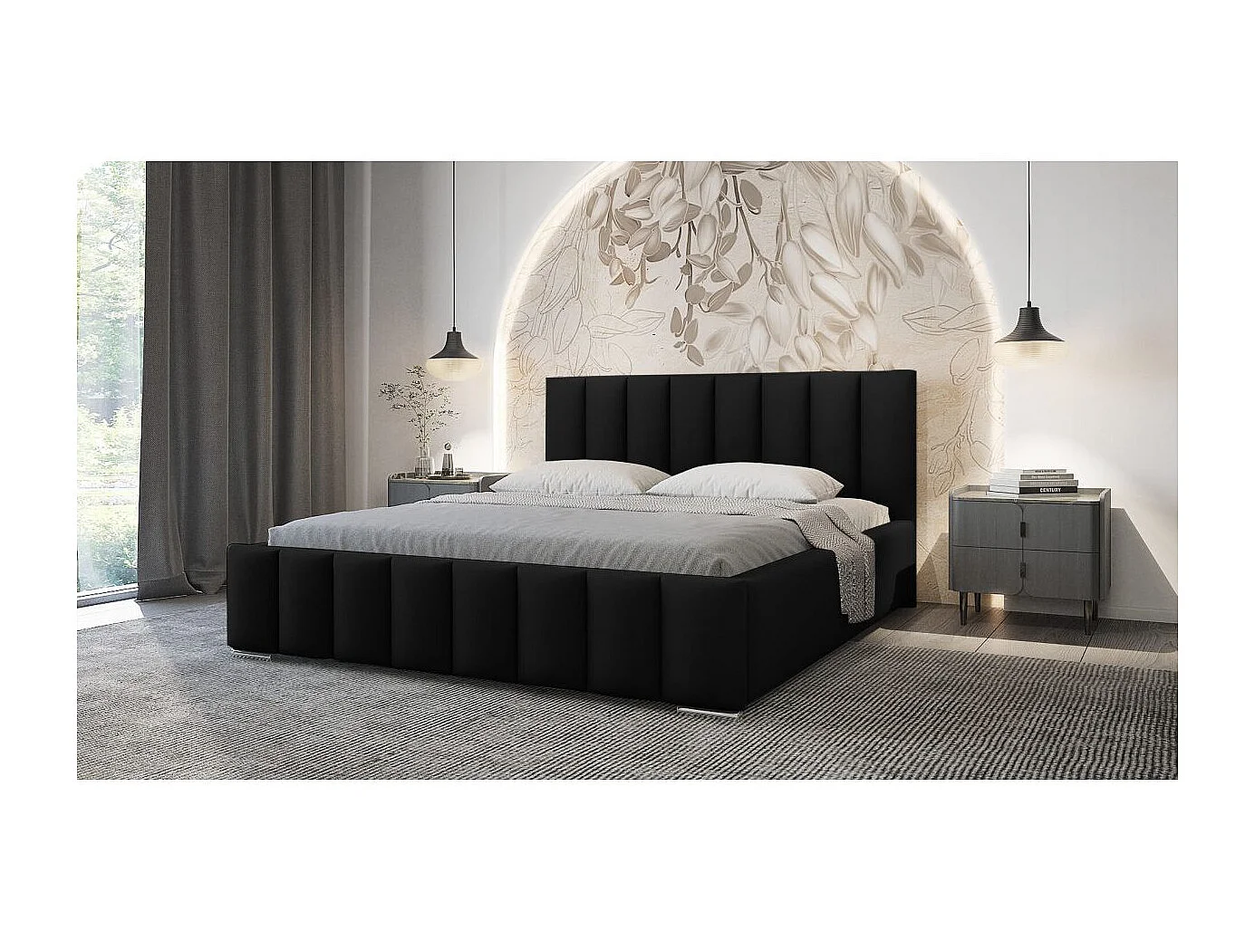 Cadre de lit avec coffre NEO en velours - Gris anthracite - Dimensions du couchage : 160 x 200 cm