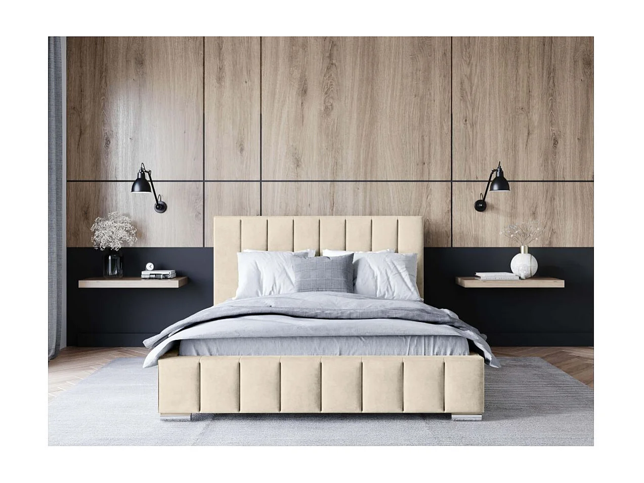 Cadre de lit avec coffre ELIA en velours - Beige - Dimensions du couchage : 160 x 200 cm