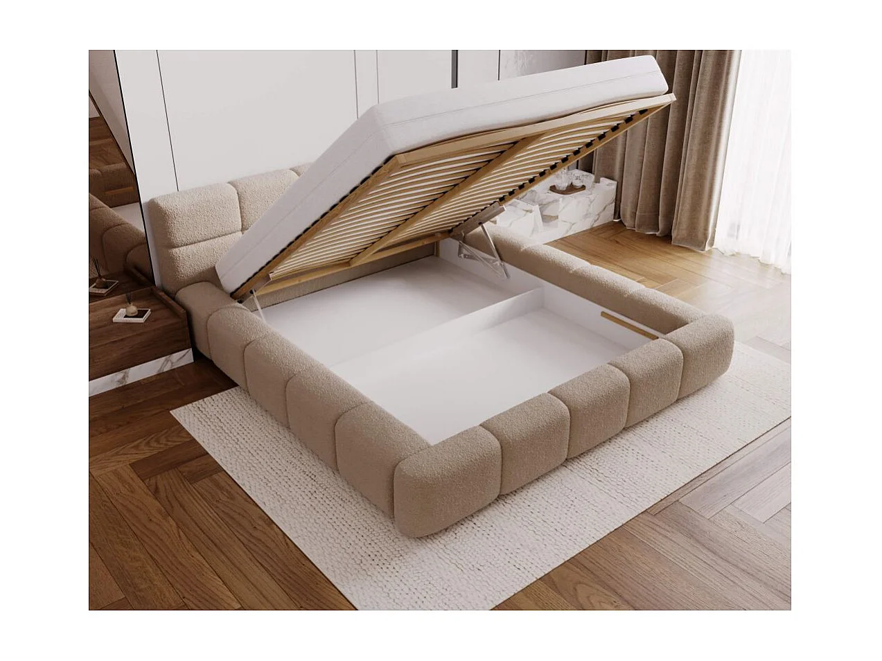 Cadre de lit avec coffre BELLO en tissu bouclette - Beige - Dimensions du couchage : 140 x 200 cm