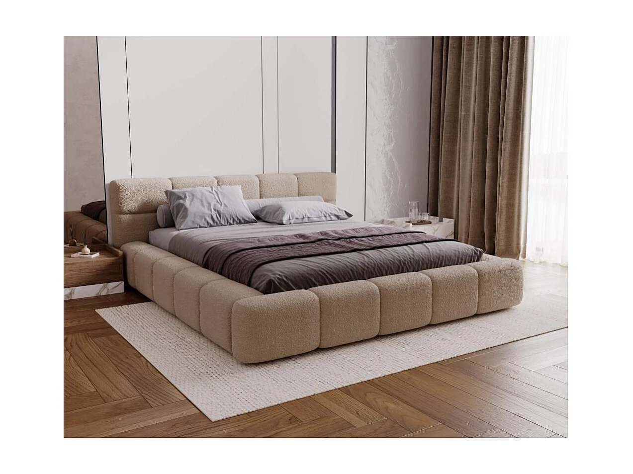 Cadre de lit avec coffre BELLO en tissu bouclette - Beige - Dimensions du couchage : 140 x 200 cm