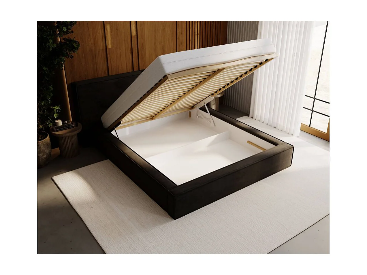 Cadre de lit avec coffre ZELIO en velours - Gris anthracite - Dimensions du couchage : 160 x 200 cm