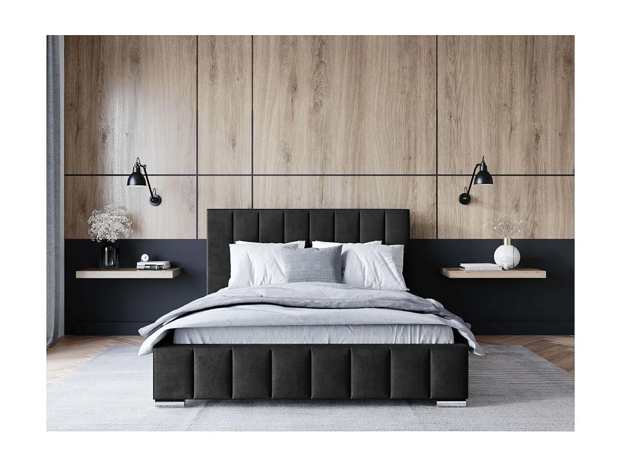 Cadre de lit avec coffre ELIA en velours - Gris anthracite - Dimensions du couchage : 160 x 200 cm